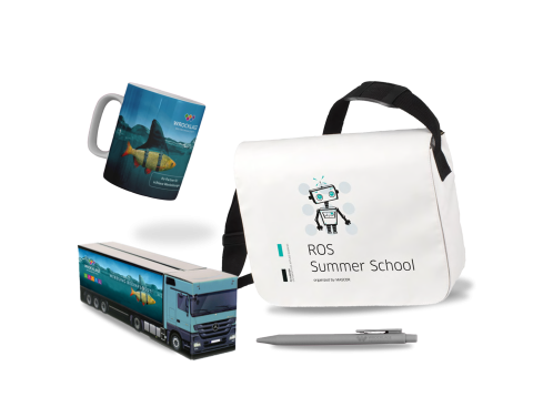 Bedruckte Werbemittel bestehend aus Tasse, Umhängetasche, Modell-LKW und Kugelschreiber mit individuellen Motiven