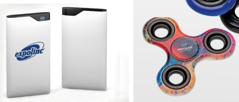 Verschiedene Werbeartikel, darunter Lanyards, LKW-Modell-Verpackung, USB-Stick, Umhängetasche, Schokolade, Mauspad, Feuerzeuge usw. mit Firmenlogos, Beispiel für individuell bedruckte Werbemittel