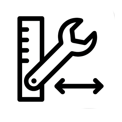 Icon für individuelle Anpassung – Gehäuse mit Maßstab, Schraubenschlüssel und Pfeilen, Symbol für Wunsch- und Maßanfertigung, transparenter Hintergrund.