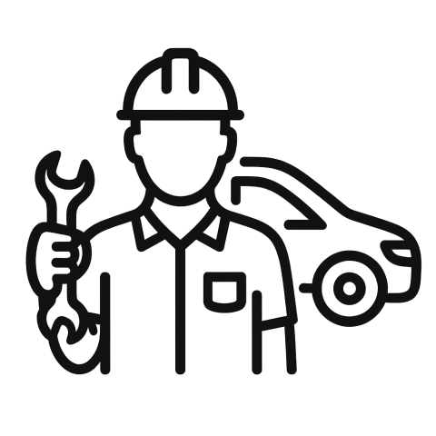 Icon eines Mechanikers mit Werkzeug vor einem Auto, steht für professionelle und blasenfreie Folienmontage