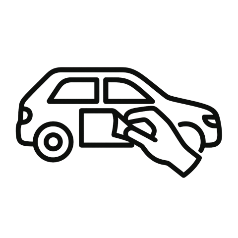 Icon eines Autos mit Hand, steht für ablösbare Fahrzeugbeschriftungen, rückstandslos entfernbar bei Promotionaktionen