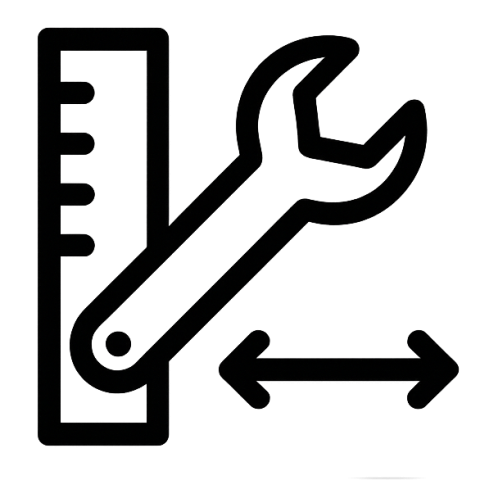Icon für individuelle Anpassung – Gehäuse mit Maßstab, Schraubenschlüssel und Pfeilen, Symbol für Wunsch- und Maßanfertigung, transparenter Hintergrund.