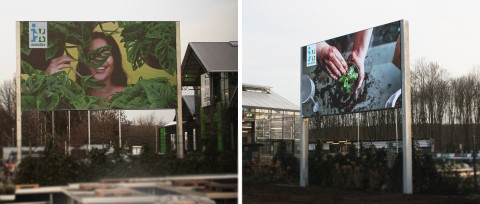 LED-Displays mit Gartenmotiven Zwei LED-Displays mit Bildern von Pflanzen und Händen in Erde, Gartenmotiv