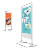 Weißes doppelseitiges Digital Signage Display mit stabilem Standfuß, beidseitig bespielt mit Brillenwerbung und Kosmetikwerbung