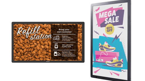 Philips ePaper Displays im Querformat und Hochformat mit Refill Station und Mega Sale Werbung, energiesparende Digital Signage Lösung