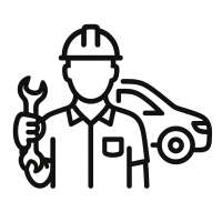 Icon eines Mechanikers mit Werkzeug vor einem Auto, steht für professionelle und blasenfreie Folienmontage