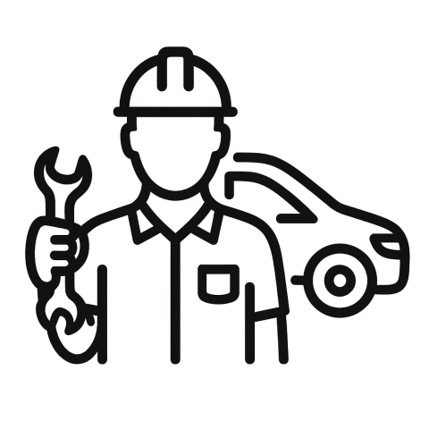 Icon eines Mechanikers mit Werkzeug vor einem Auto, steht für professionelle und blasenfreie Folienmontage