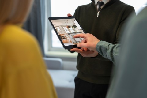 Berater zeigt auf Tablet eine Wohnungseinrichtung bei einer digitalen Immobilienbesichtigung