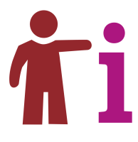 Rote Figur zeigt auf ein lila Informationssymbol als Hinweis auf Besucherinfosysteme.