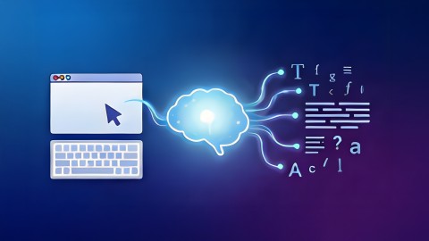 Darstellung eines Gehirns, das mit Tastatur, Computer und Textzeichen verbunden ist.