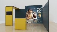 MultiFabric Messestand mit Textilspannsystem für moderne und flexible Markenpräsentation MultiFabric Messestand mit Textilspannrahmen, Theke und großem Werbedruck für Präsentationen