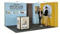 Popup Café Messestand mit Theke und individuell bedruckten Wänden für Promotion und Events Messestand Popup Café mit Theke, bedruckten Wänden und Beratungssituation am Stand