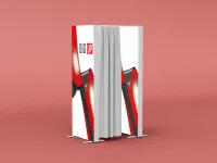 BIGUP Vorhanglösung zur Schaffung von Stauraum hinter dem Display für Messe und Präsentation