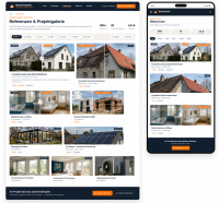 Website Mockup eines Handwerksbetriebs mit Referenzen und Projektgalerie auf Desktop und Smartphone