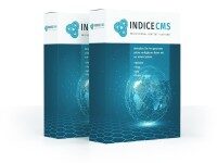 Verpackungsdesign und Software Box Mockup für IndiceCMS mit modernem Branding in Türkis und Blau