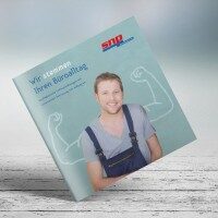 Imagebroschüre im modernen Design – Unternehmensdarstellung für Handwerksbetrieb Quadratische Imagebroschüre mit Titelmotiv eines Handwerkers und dem Slogan ‚Wir stemmen Ihren Arbeitsalltag‘